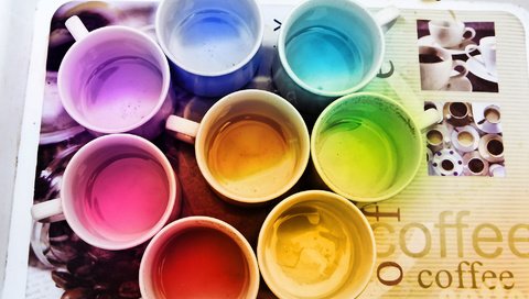 Обои цвета, кофе, радуга, кружки, поднос, color, coffee, rainbow, mugs, tray разрешение 2000x1536 Загрузить