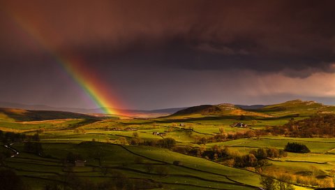 Обои небо, холмы, поля, радуга, дома, англия, весна, the sky, hills, field, rainbow, home, england, spring разрешение 2048x1365 Загрузить