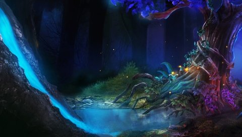 Обои арт, фэнтези, фантастический лес, неоновая река, art, fantasy, fantastic forest, neon river разрешение 2880x1800 Загрузить