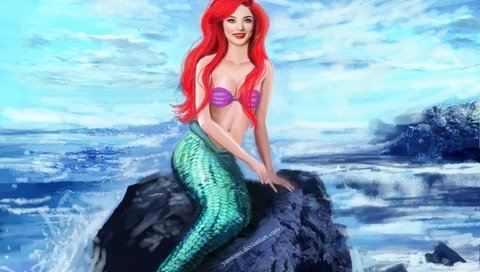 Обои арт, красные волосы, море, улыбка, взгляд, сидит, хвост, чешуя, русалка, art, red hair, sea, smile, look, sitting, tail, scales, mermaid разрешение 2495x1664 Загрузить