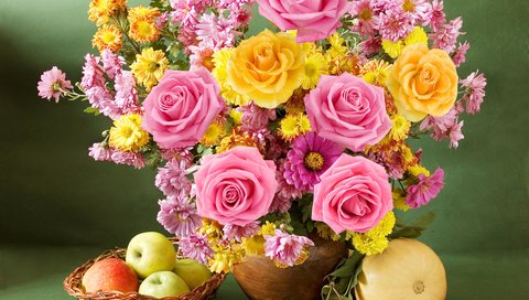 Обои розы, яблоки, букет, яблок, хризантемы, натюрморт, роз, roses, apples, bouquet, chrysanthemum, still life разрешение 4790x3642 Загрузить