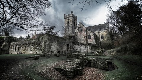 Обои деревья, камни, церковь, архитектура, колокольня, аббатство, culross abbey, средневековые, trees, stones, church, architecture, the bell tower, abbey, medieval разрешение 5954x3959 Загрузить