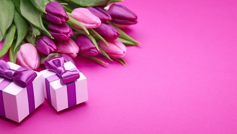 Обои подарки, букет, тюльпаны, розовые, романтик, бант, gifts, bouquet, tulips, pink, romantic, bow разрешение 4110x2312 Загрузить