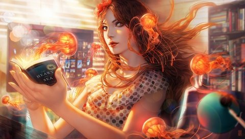 Обои арт, девушка, взгляд, волосы, медузы, книга, art, girl, look, hair, jellyfish, book разрешение 1920x1080 Загрузить