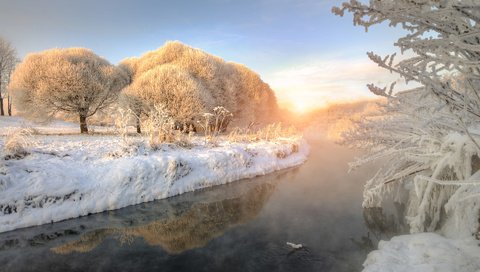 Обои деревья, река, природа, зима, утро, иней, trees, river, nature, winter, morning, frost разрешение 1920x1200 Загрузить