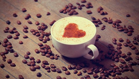 Обои напиток, сердечко, кофе, чашка, кофейные зерна, капучино, drink, heart, coffee, cup, coffee beans, cappuccino разрешение 2048x1152 Загрузить