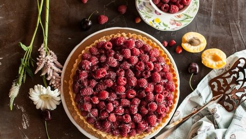 Обои цветы, малина, ягоды, выпечка, пирог, начинка, flowers, raspberry, berries, cakes, pie, filling разрешение 2048x1342 Загрузить