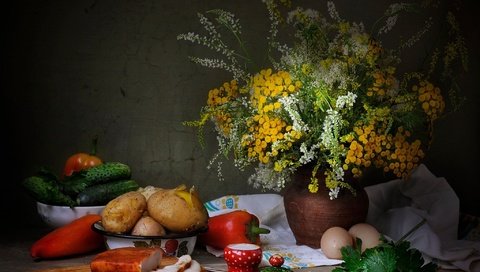 Обои цветы, картошка, зелень, огурцы, букет, сало, овощи, яйца, помидоры, натюрморт, перец, flowers, potatoes, greens, cucumbers, bouquet, fat, vegetables, eggs, tomatoes, still life, pepper разрешение 2048x1527 Загрузить