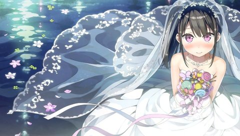Обои невесты,  цветы, свадебное платье, волосы черные, аниме девочка, bride, flowers, wedding dress, black hair, anime girl разрешение 3000x1850 Загрузить