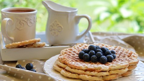 Обои кофе, ягоды, черника, завтрак, вафли, coffee, berries, blueberries, breakfast, waffles разрешение 2048x1339 Загрузить