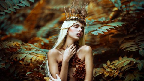 Обои листья, девушка, поза, ветки, руки, корона, ronny garcia, autumn queen, javiera molina, leaves, girl, pose, branches, hands, crown разрешение 1920x1080 Загрузить