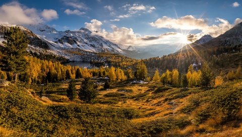 Обои горы, лес, осень, швейцария, долина, альпы, валь-ди-кампо, mountains, forest, autumn, switzerland, valley, alps, val di campo разрешение 6144x2904 Загрузить