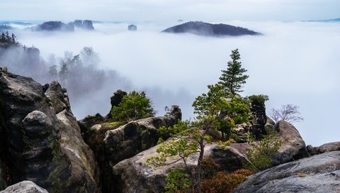 Обои горы, природа, туман, mountains, nature, fog разрешение 6000x3375 Загрузить