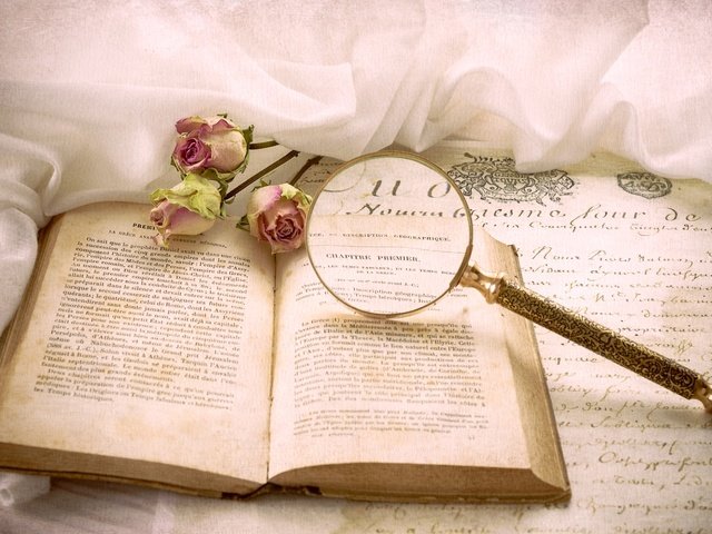 Обои винтаж, розы, лупа, письмо, книга, vintage, roses, magnifier, letter, book разрешение 1920x1245 Загрузить