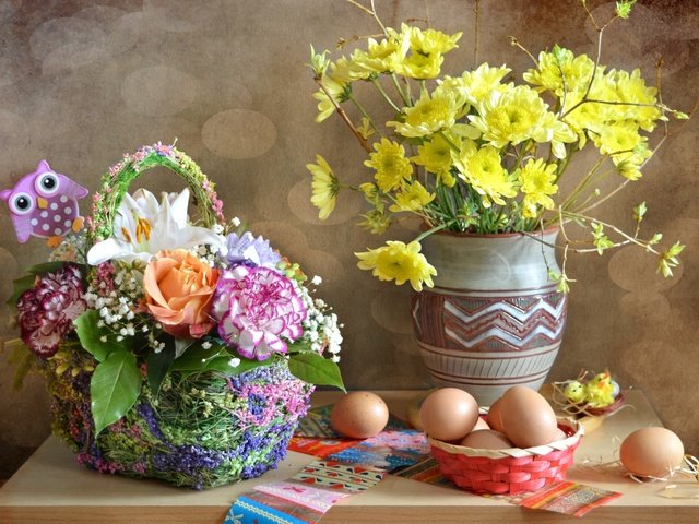 Обои цветы, букет, пасха, яйца, наклейки, flowers, bouquet, easter, eggs, stickers разрешение 1920x1290 Загрузить