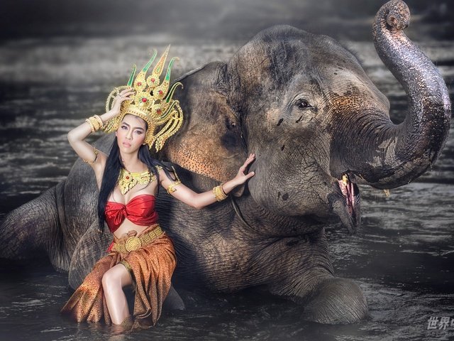 Обои вода, стиль, девушка, слон, наряд, азиатка, water, style, girl, elephant, outfit, asian разрешение 1920x1200 Загрузить