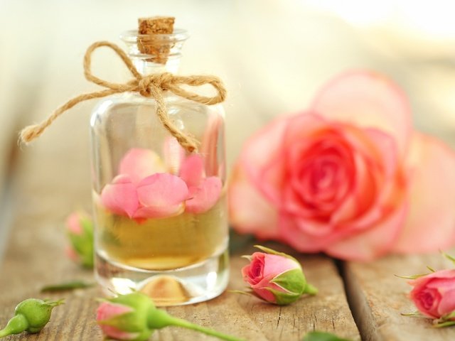 Обои цветы, бутоны, розы, лепестки, масло, духи, флакон, flowers, buds, roses, petals, oil, perfume, bottle разрешение 2880x1800 Загрузить