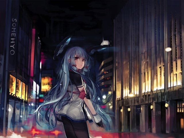 Обои голубые волосы, ноч, аниме девочка, kantai, blue hair, night, anime girl разрешение 3130x2139 Загрузить