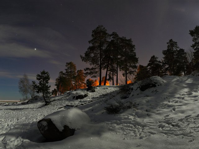 Обои небо, холм, свет,     деревья, облака, ночь, снег, природа, зима, сосны, the sky, hill, light, trees, clouds, night, snow, nature, winter, pine разрешение 1920x1200 Загрузить