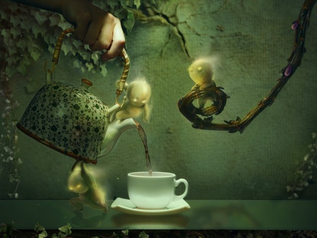 Обои 3д, рука, плющ, листья, ветки, графика, человечки, чашка, чаепитие, чайник, 3d, hand, ivy, leaves, branches, graphics, men, cup, the tea party, kettle разрешение 2048x1636 Загрузить