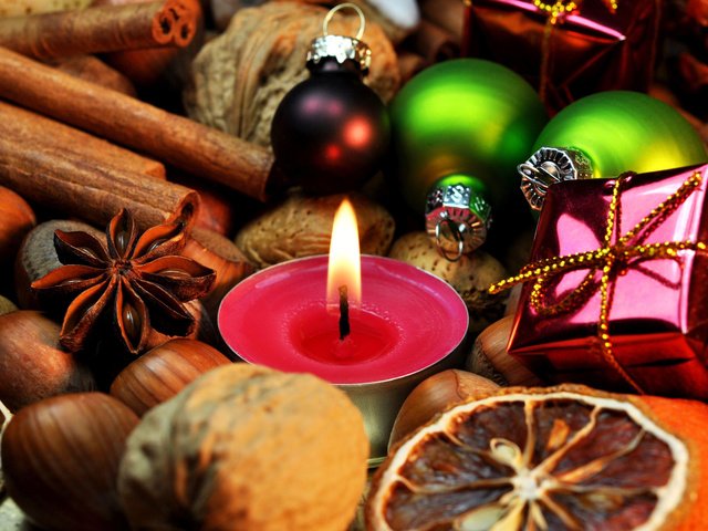 Обои новый год, бадьян, орехи, корица, свеча, рождество, елочные игрушки, пряности, анис, new year, star anise, nuts, cinnamon, candle, christmas, christmas decorations, spices, anis разрешение 3840x2400 Загрузить