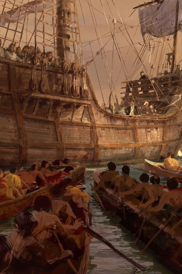 Обои рисунок, парусник, индейцы, испанцы, figure, sailboat, the indians, the spaniards разрешение 3200x1200 Загрузить