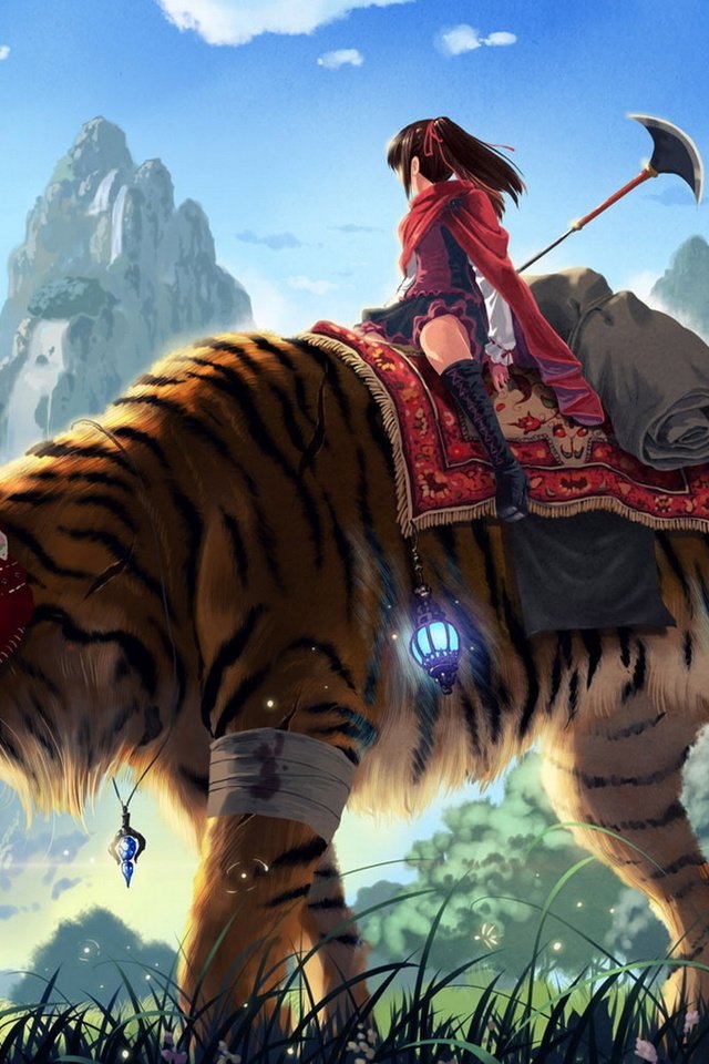 Обои тигр, трава, горы, девушка, копье, kankurou, tiger, grass, mountains, girl, spear разрешение 1920x1200 Загрузить