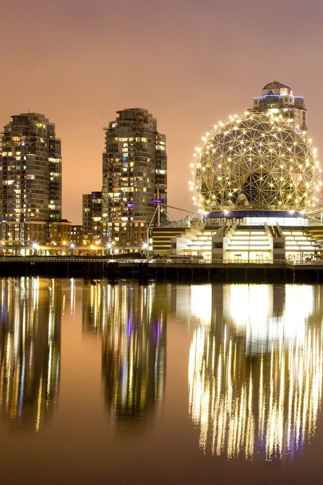 Обои вода, отражение, шар, ванкувер, канада, ночные огни, water, reflection, ball, vancouver, canada, night lights разрешение 1920x1080 Загрузить