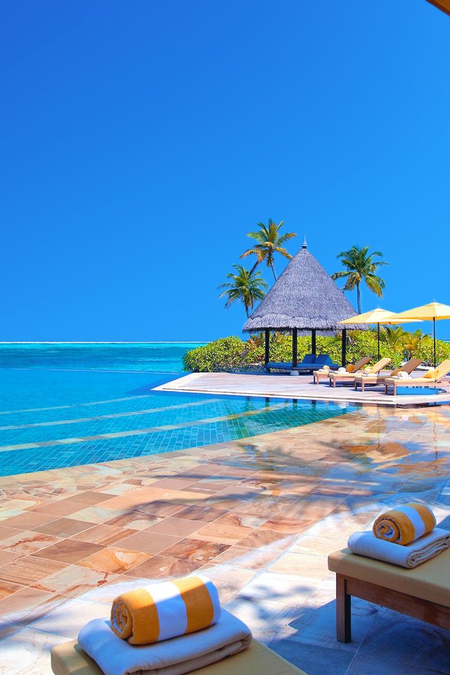 Обои курорт, лежаки, тропики, мальдивы, resort, sunbeds, tropics, the maldives разрешение 1920x1278 Загрузить