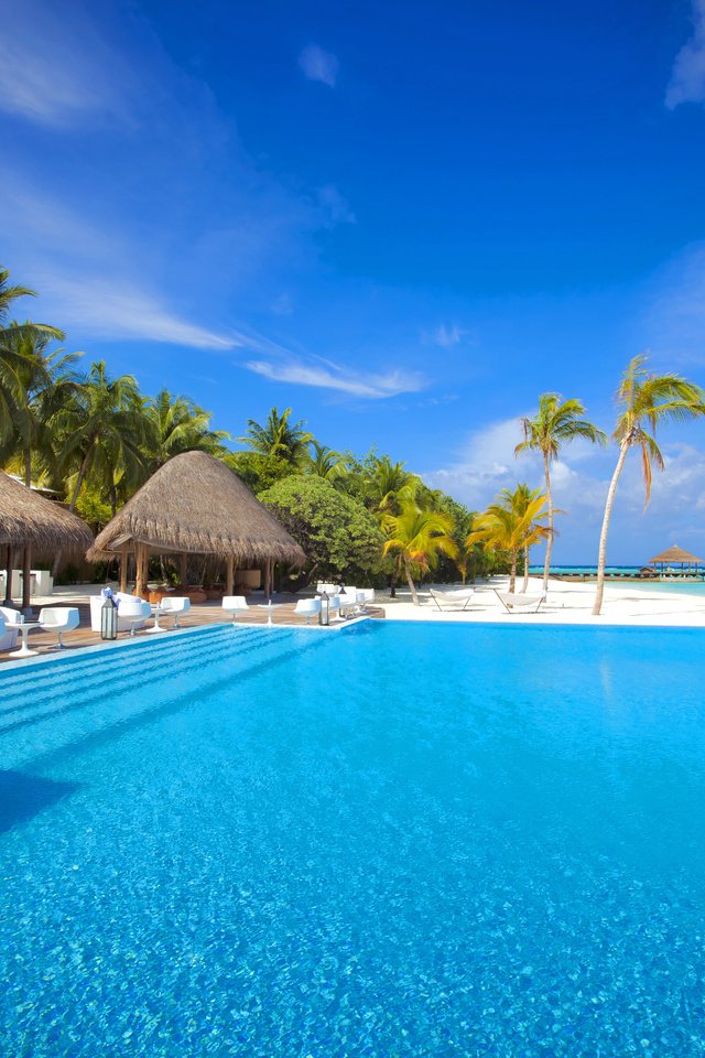 Обои море, пляж, бассейн, курорт, тропики, мальдивы, sea, beach, pool, resort, tropics, the maldives разрешение 5616x3744 Загрузить