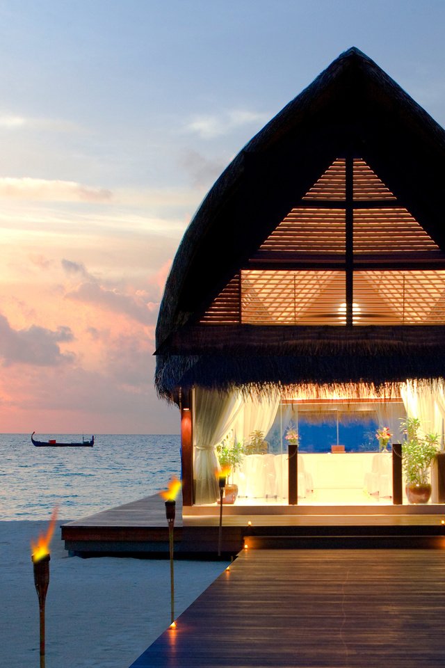 Обои закат, пляж, бунгало, тропики, мальдивы, sunset, beach, bungalow, tropics, the maldives разрешение 4016x2536 Загрузить