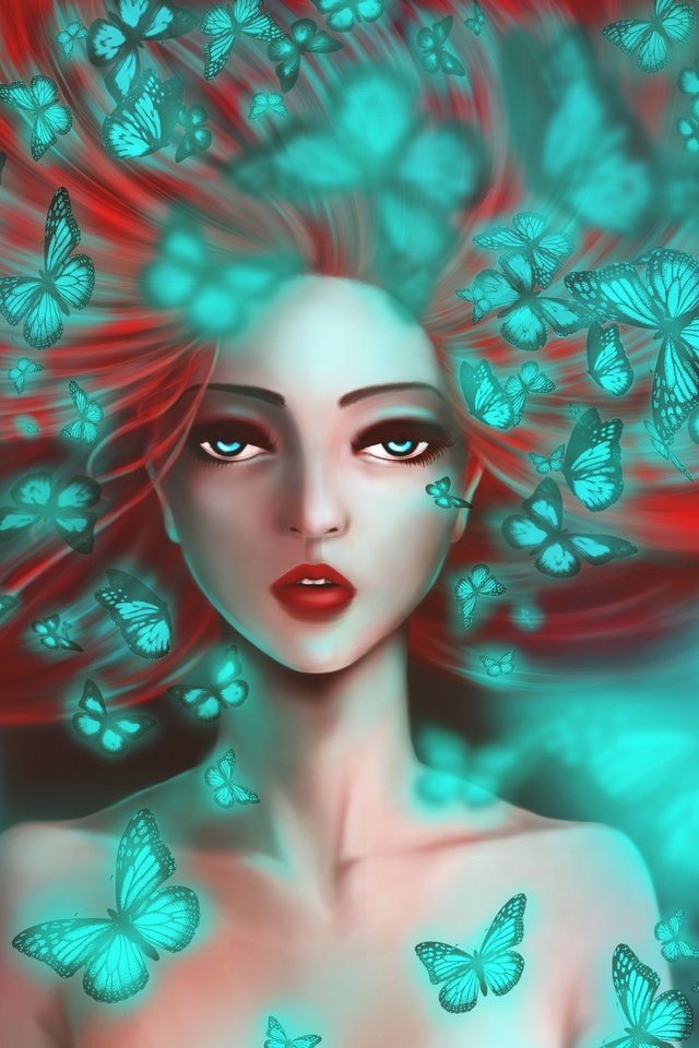 Обои глаза, арт, девушка, взгляд, бабочки, длинные волосы, eyes, art, girl, look, butterfly, long hair разрешение 4057x2737 Загрузить