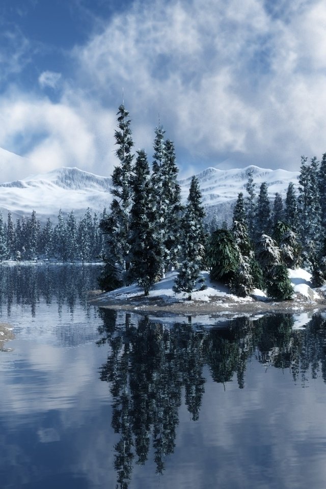 Обои небо, облака, горы, снег, природа, зима, отражение,     деревья, the sky, clouds, mountains, snow, nature, winter, reflection, trees разрешение 1920x1200 Загрузить