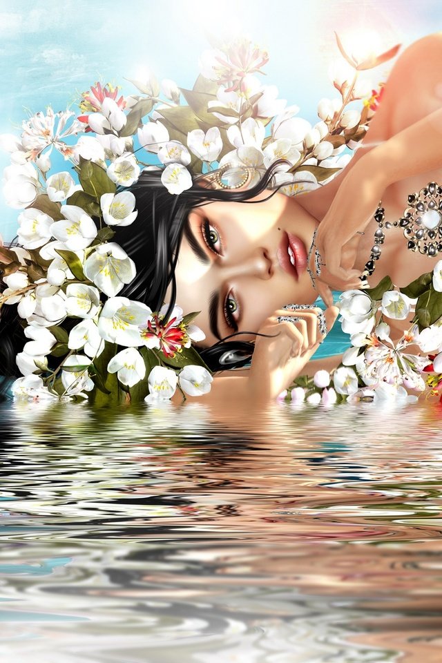 Обои цветы, вода, девушка, взгляд, волосы, лицо, flowers, water, girl, look, hair, face разрешение 2048x1162 Загрузить