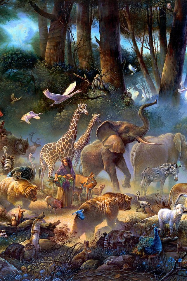Обои арт, посох, картина, живопись, ковчег, медведи, жирафы, туман, тигры, люди, птицы, львы, слоны, art, staff, picture, painting, bears, the ark, giraffes, fog, tigers, people, birds, lions, elephants разрешение 4374x2183 Загрузить