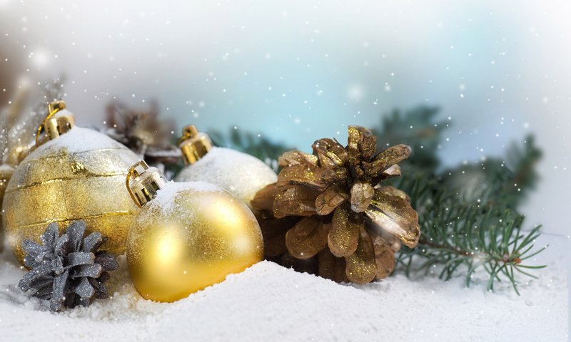 Обои снег, елка, шары, зима, праздник, рождество, шишки, snow, tree, balls, winter, holiday, christmas, bumps разрешение 1920x1200 Загрузить