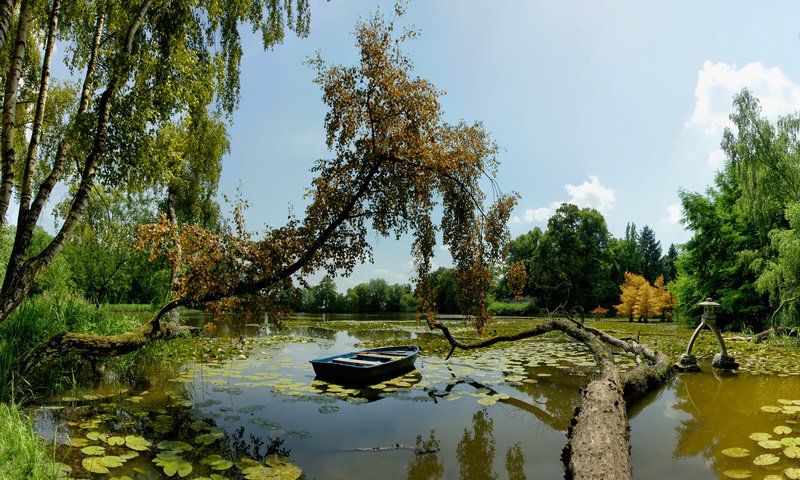 Обои деревья, озеро, лодка, trees, lake, boat разрешение 1920x1200 Загрузить