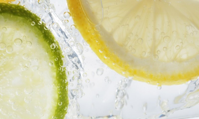 Обои вода, капли, фрукты, пузыри, лимон, лайм, цитрусы, water, drops, fruit, bubbles, lemon, lime, citrus разрешение 1920x1200 Загрузить