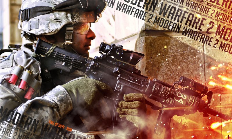 Обои modern warfare 2, солдат, call of duty, автомат, патроны, рикошет, soldiers, machine, cartridges, ricochet разрешение 1920x1200 Загрузить