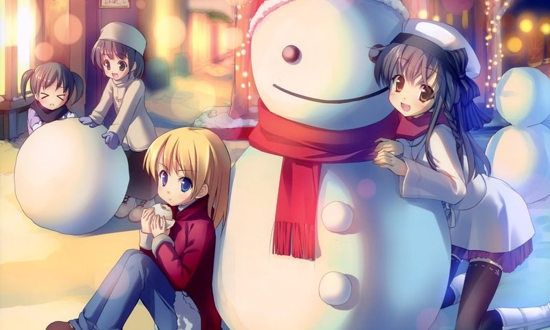 Обои зима, настроение, аниме, снеговик, друзья, winter, mood, anime, snowman, friends разрешение 2000x1417 Загрузить
