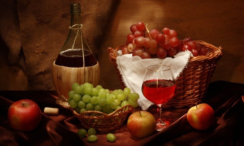 Обои виноград, яблоки, бокал, корзина, вино, бутылка, вина, grapes, apples, glass, basket, wine, bottle разрешение 1920x1080 Загрузить