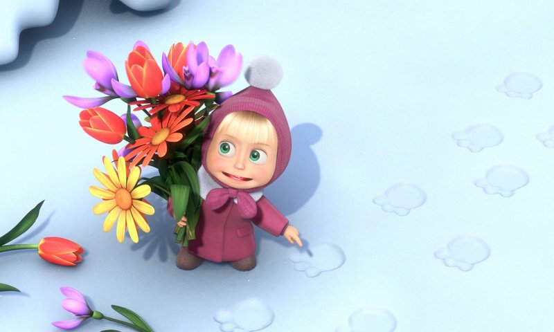 Обои цветы, снег, мультфильм, следы, маша и медведь, flowers, snow, cartoon, traces, masha and the bear разрешение 1920x1080 Загрузить