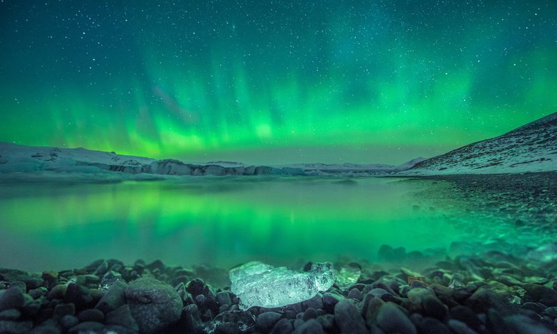 Обои исландия, полярное сияние, над ёкюльсаурлоуном, iceland, polar lights, over cursorcolor разрешение 1920x1200 Загрузить
