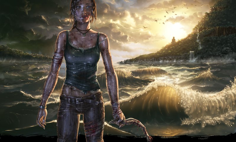 Обои волны, море, лара крофт, расхитительница гробниц, wave, sea, lara croft, tomb raider разрешение 4500x3000 Загрузить