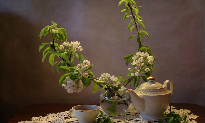 Обои цветение, ветки, чашка, чай, чайник, натюрморт, груша, flowering, branches, cup, tea, kettle, still life, pear разрешение 1920x1353 Загрузить