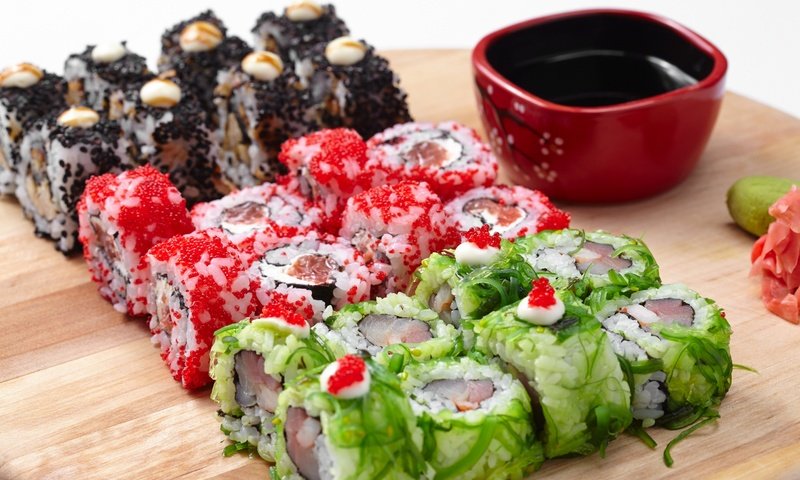 Обои рыба, соус, суши, роллы, морепродукты, японская кухня, сервировка, seafoods, fish, sauce, sushi, rolls, seafood, japanese cuisine, serving разрешение 2880x1920 Загрузить