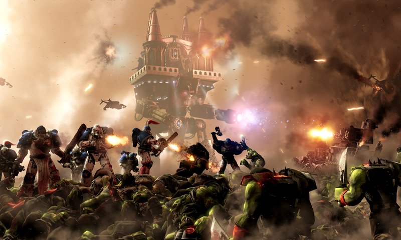 Обои война, space marine, orks, космический десант, warhammer 40, 000, warlord-class titan, war, space marines разрешение 2880x1255 Загрузить