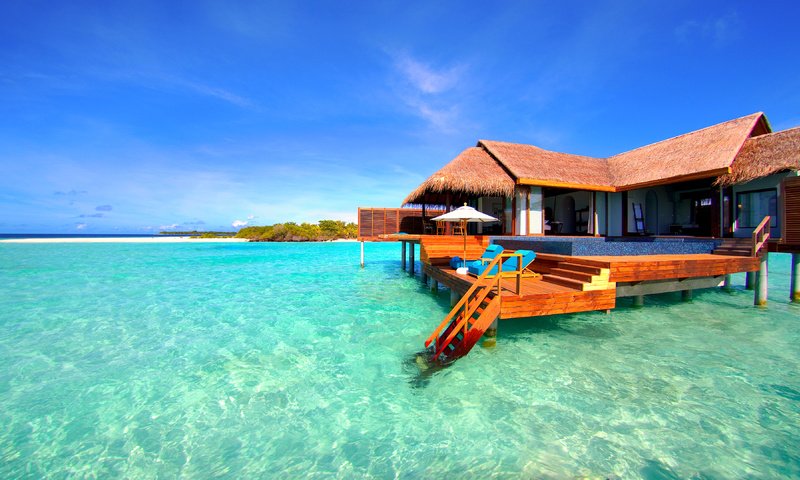 Обои море, отдых, остров, бунгало, мальдивы, sea, stay, island, bungalow, the maldives разрешение 3837x2158 Загрузить
