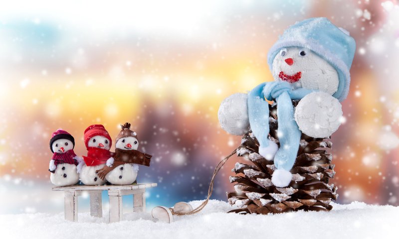 Обои снег, шапки, новый год, зима, снеговик, праздники, шишки, снеговики, санки, snow, caps, new year, winter, snowman, holidays, bumps, snowmen, sled разрешение 5616x3948 Загрузить