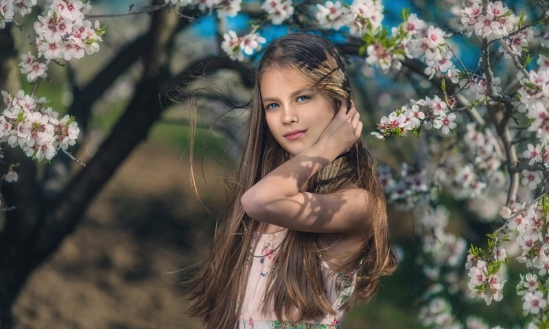 Обои цветение, дети, девочка, весна, волосы, flowering, children, girl, spring, hair разрешение 1920x1280 Загрузить